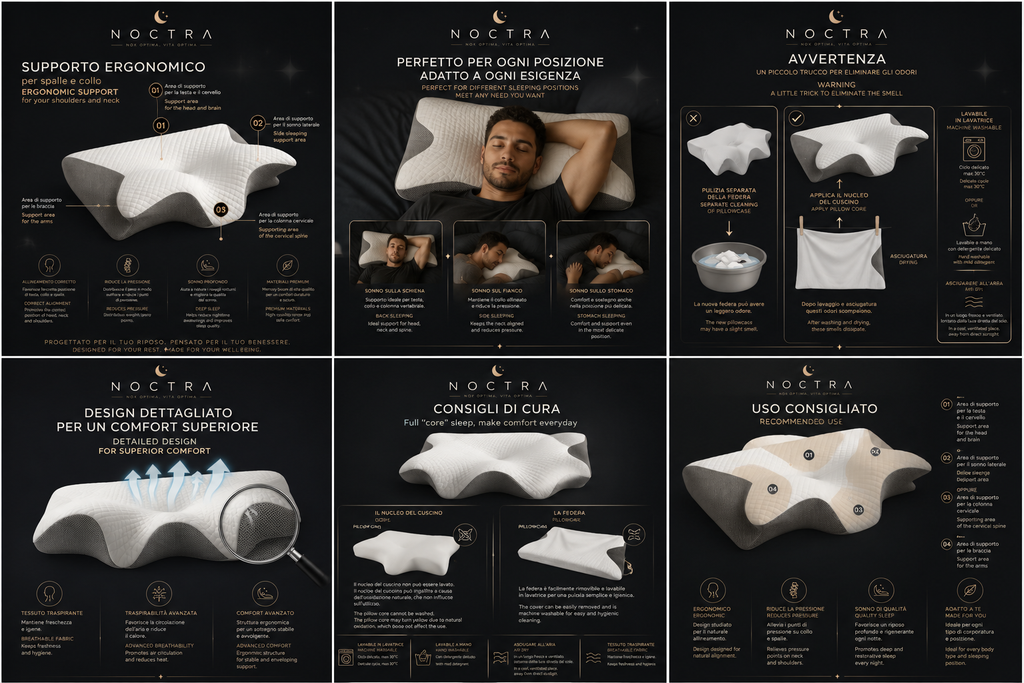 NOCTRΛ-Cuscino Cervicale Ergonomico in Memory Foam | Supporto Sagomato per Collo e Spalle