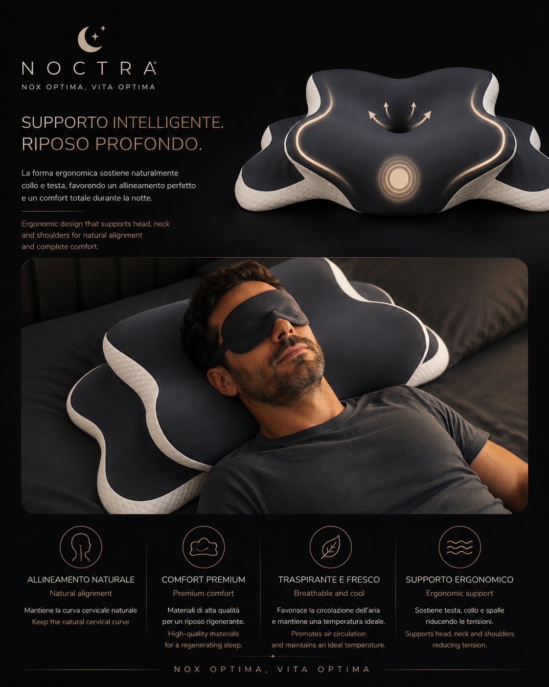 NOCTRΛ — Cuscino Cervicale Contour | Supporto scolpito per il tuo rituale della sera