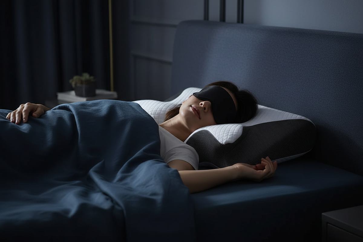 Donna con mascherina da sonno sul cuscino ergonomico NOCTRΛ