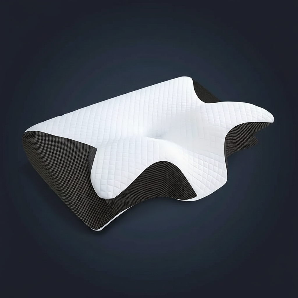 Cuscino cervicale ergonomico NOCTRΛ su sfondo scuro